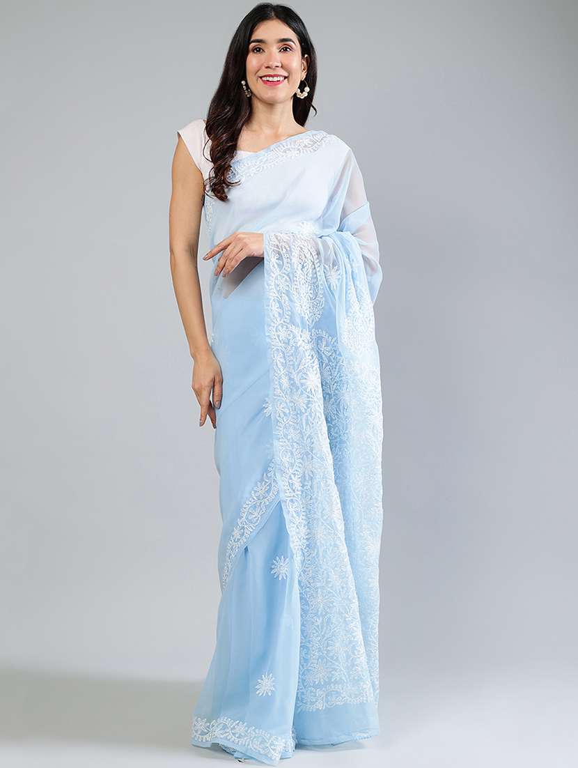 women light blue chikankari work saree with blouse - 21840106 - Standard Image - 4
