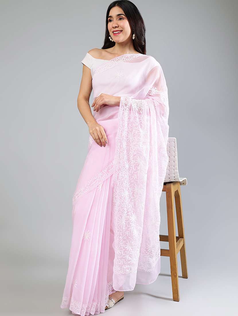 women rosewater chikankari work saree with blouse