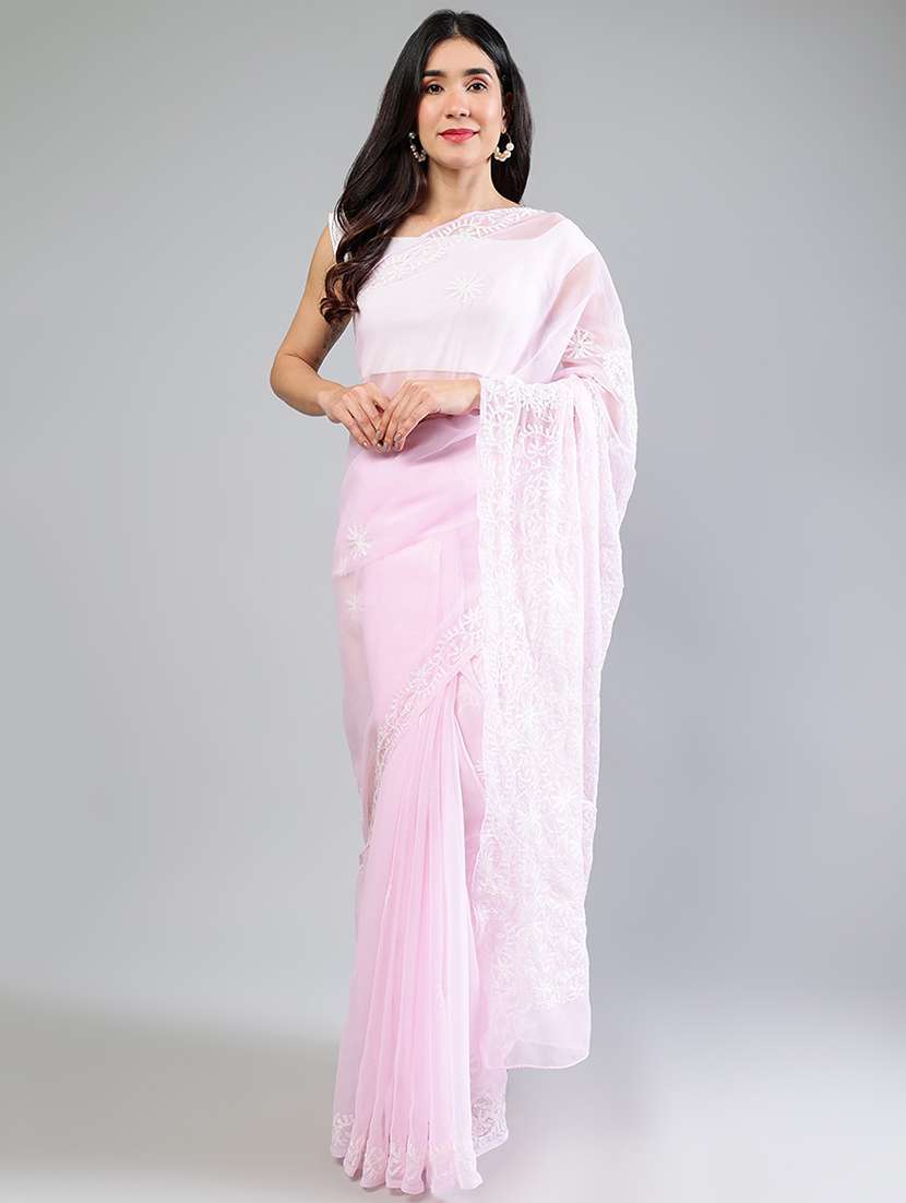 women rosewater chikankari work saree with blouse - 21840107 - Standard Image - 1