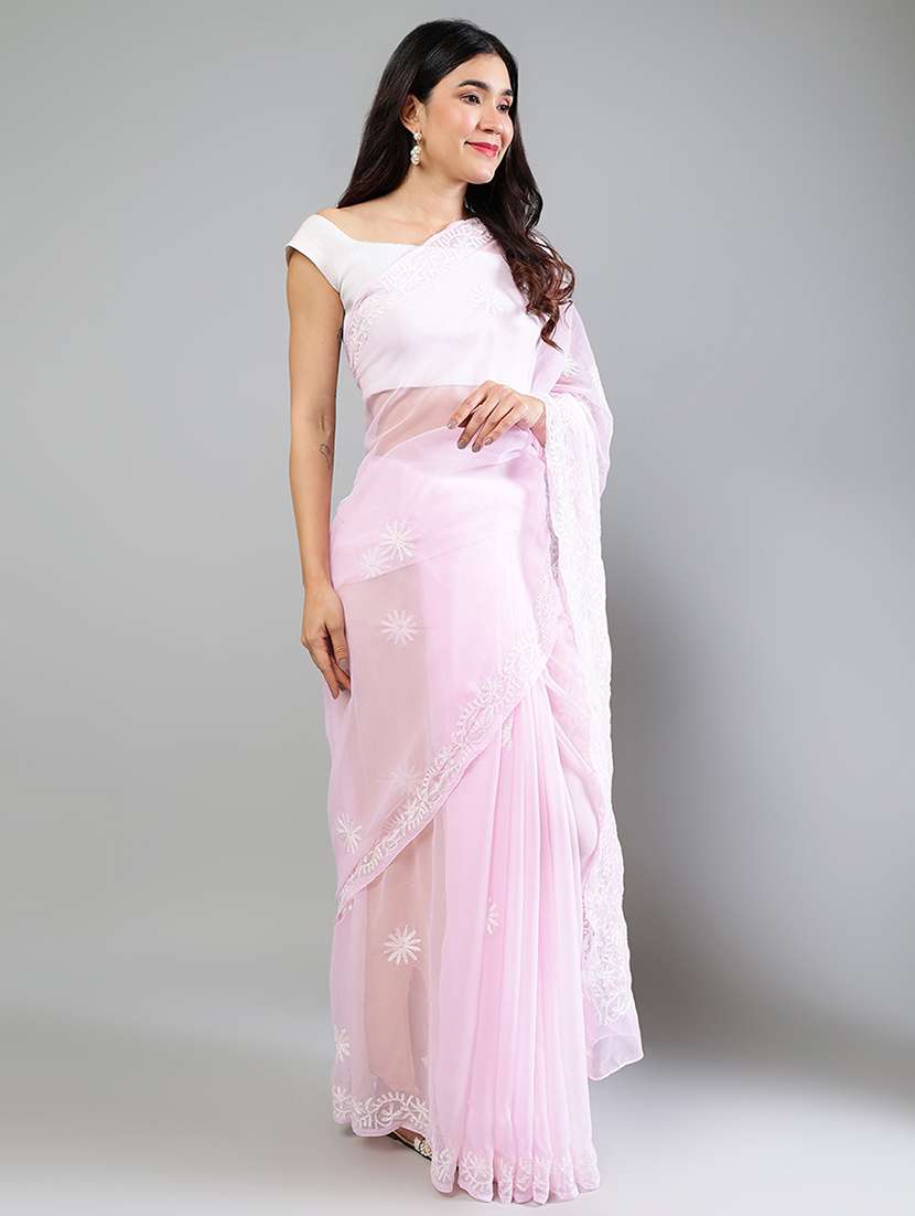 women rosewater chikankari work saree with blouse - 21840107 - Standard Image - 4