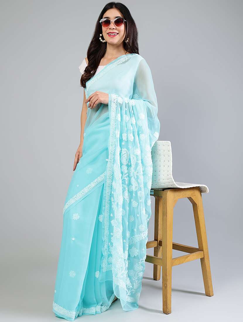 women light blue chikankari work saree with blouse