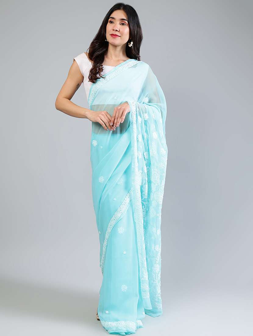 women light blue chikankari work saree with blouse - 21840109 - Standard Image - 1