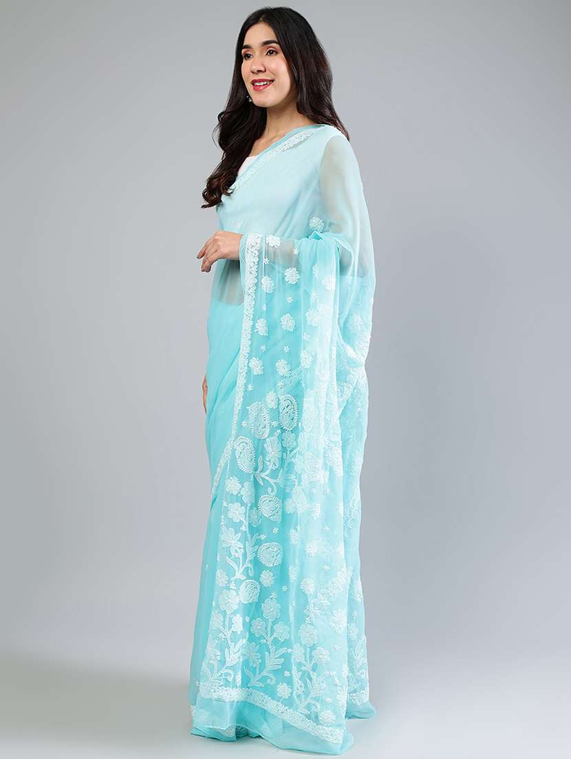 women light blue chikankari work saree with blouse - 21840109 - Standard Image - 4