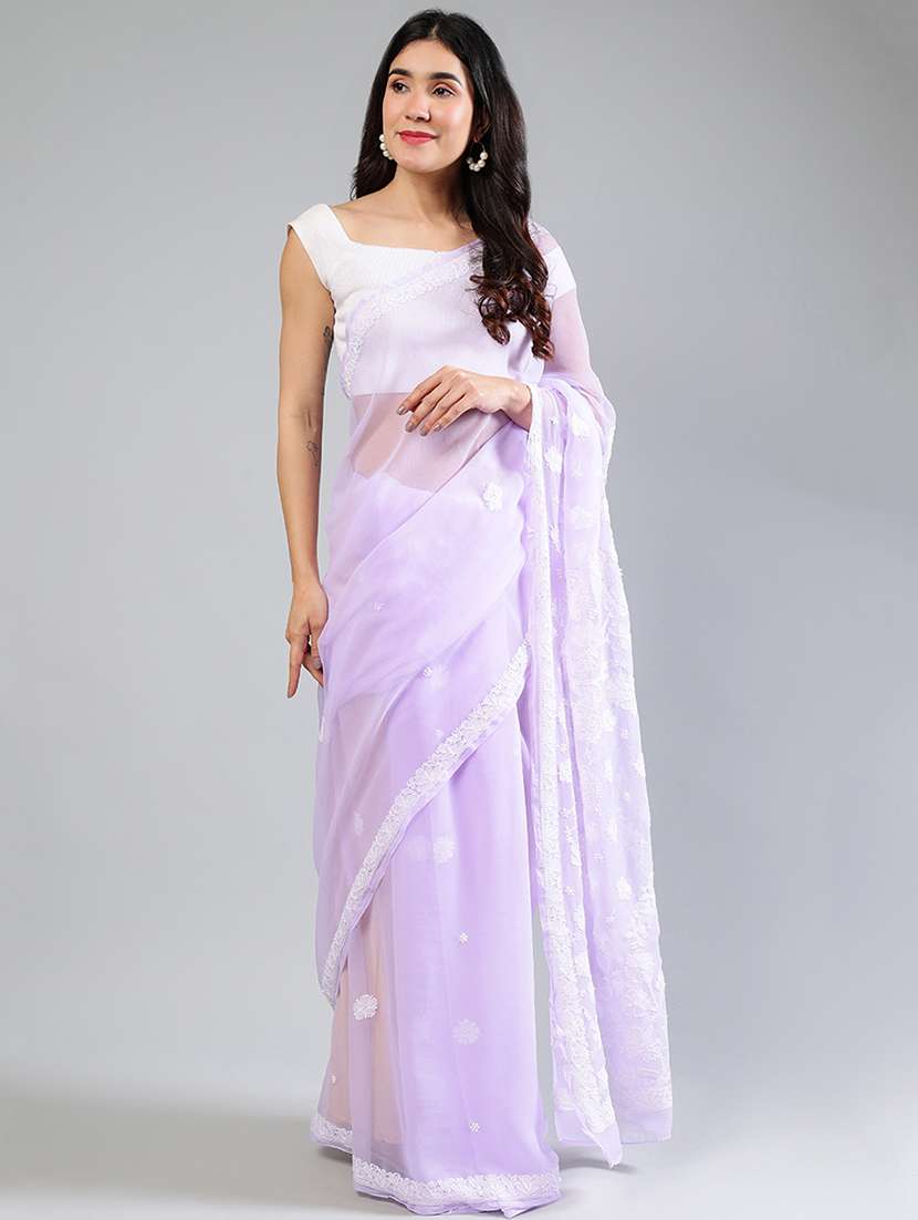 women lavender chikankari work saree with blouse - 21840110 -  Standard Image - 4