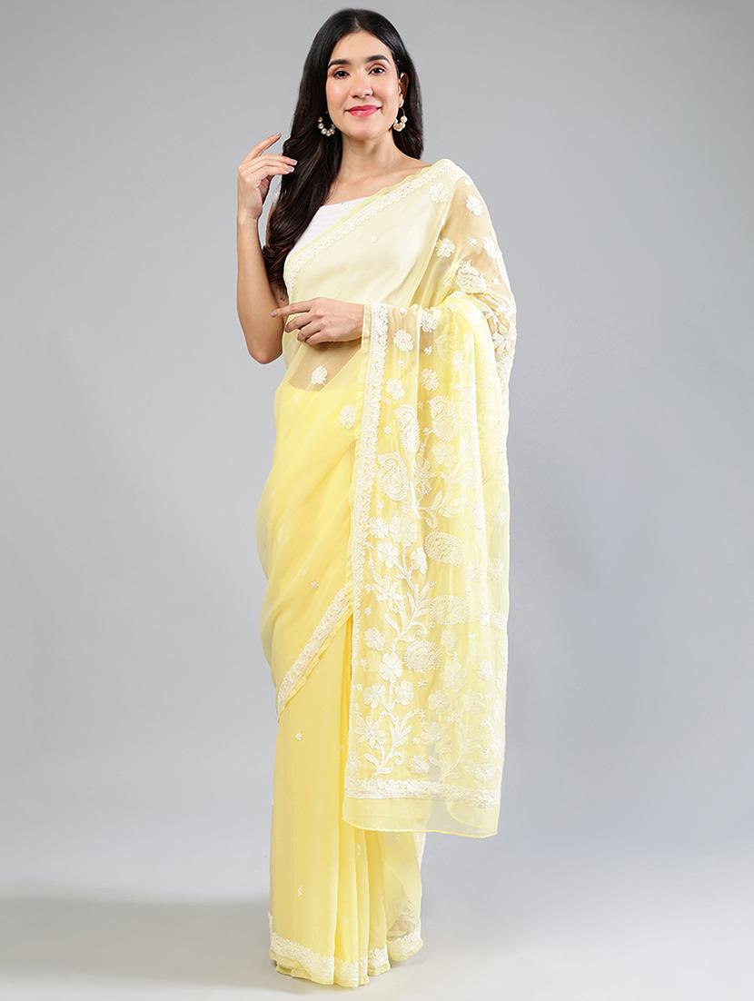 women yellow chikankari work saree with blouse - 21840111 - Standard Image - 1