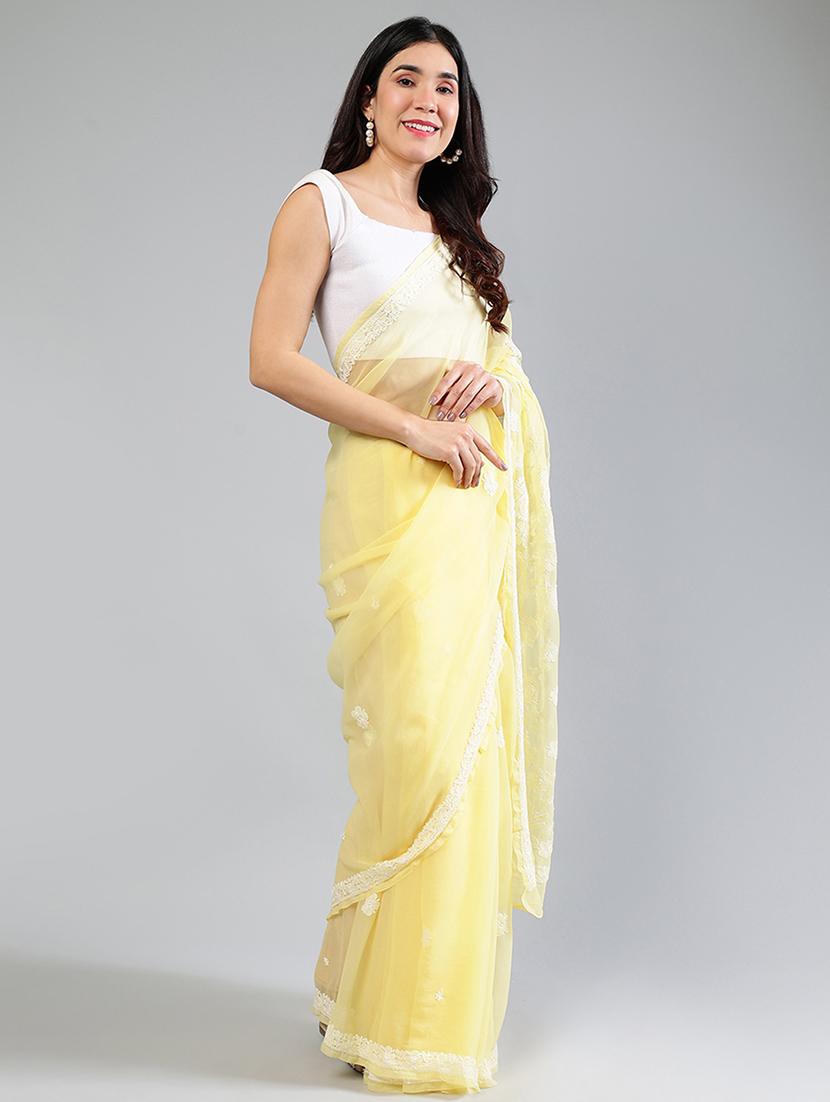 women yellow chikankari work saree with blouse - 21840111 - Standard Image - 4