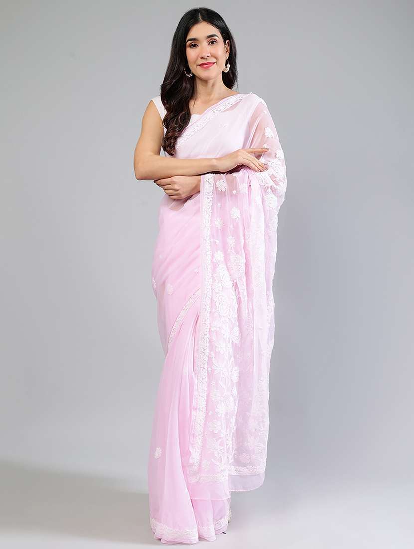 women rosewater chikankari work saree with blouse - 21840112 -  Standard Image - 1