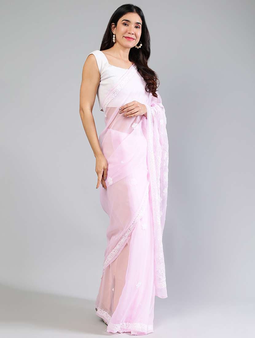 women rosewater chikankari work saree with blouse - 21840112 -  Standard Image - 4
