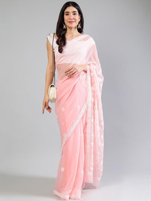 women peach chikankari work saree with blouse - 21840113 - Standard Image - 0