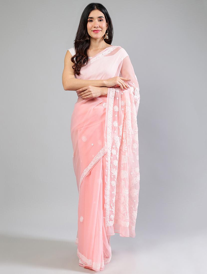 women peach chikankari work saree with blouse - 21840113 - Standard Image - 1