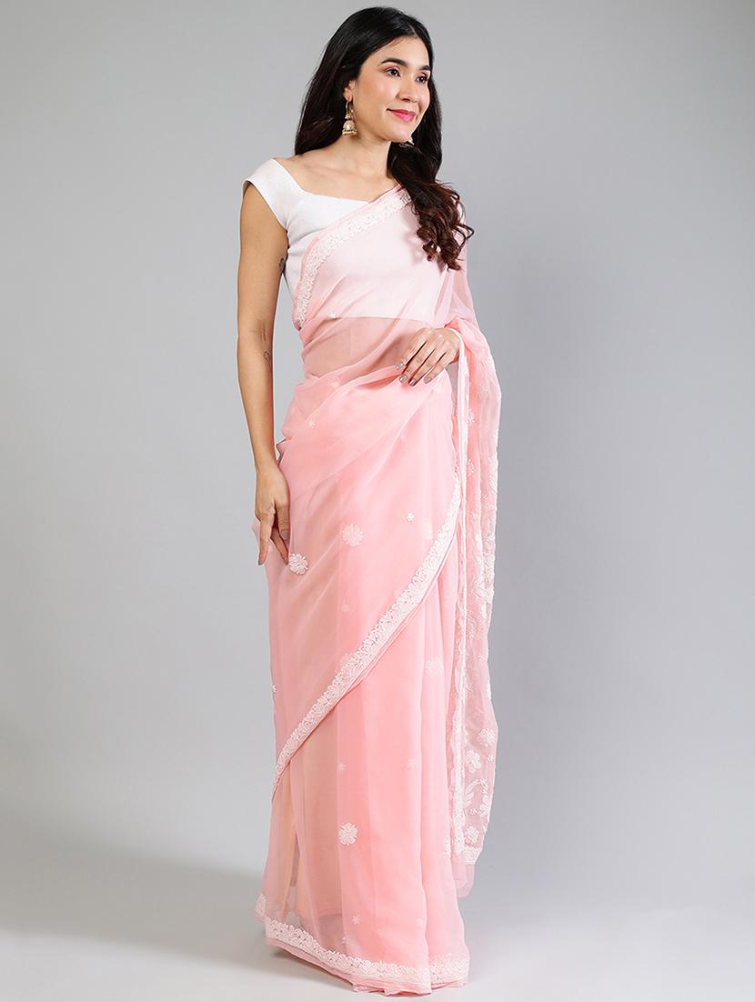women peach chikankari work saree with blouse - 21840113 - Standard Image - 4