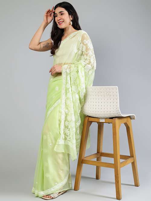 women neo mint chikankari work saree with blouse - 21840114 - Standard Image - 0