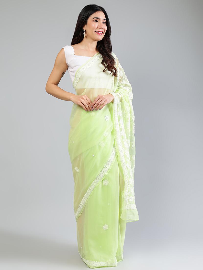 women neo mint chikankari work saree with blouse - 21840114 - Standard Image - 1