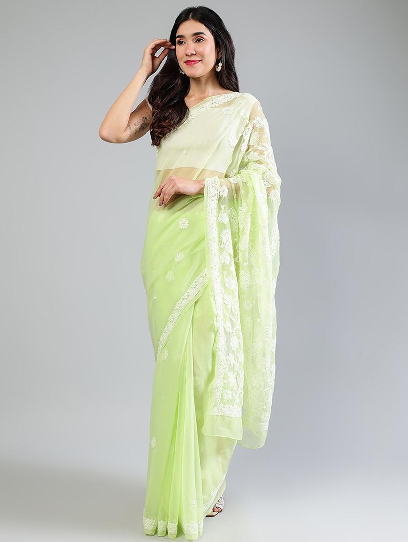 women neo mint chikankari work saree with blouse - 21840114 - Standard Image - 4