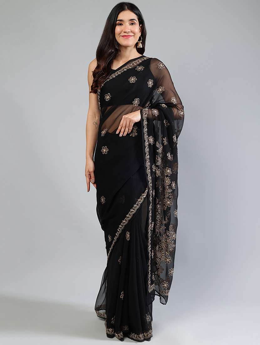 women black chikankari work saree with blouse - 21840115 - Standard Image - 1