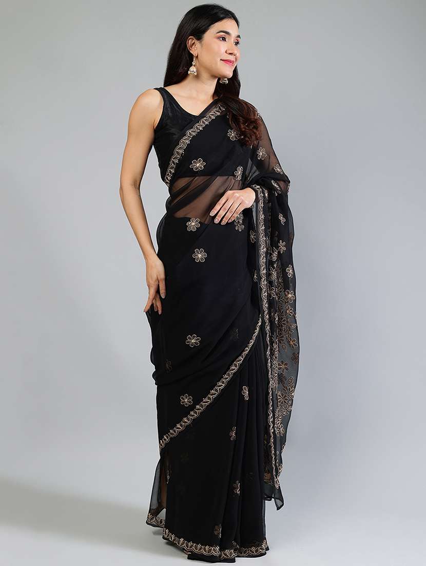 women black chikankari work saree with blouse - 21840115 - Standard Image - 4