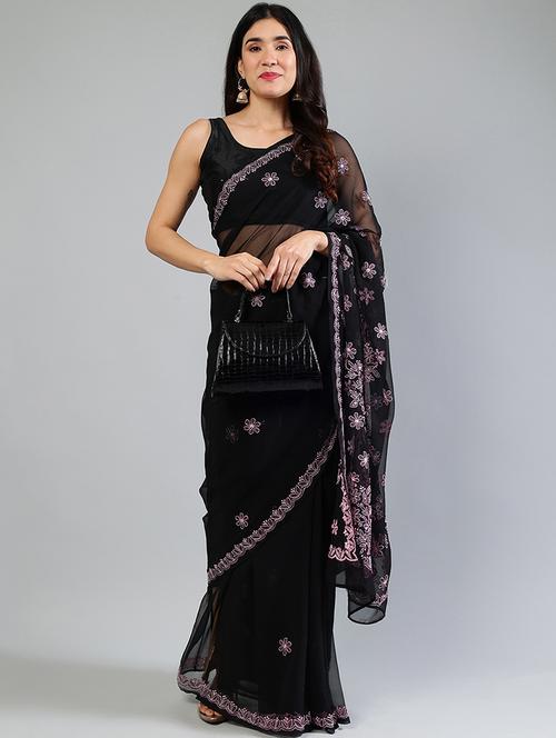 women black chikankari work saree with blouse - 21840116 - Standard Image - 0