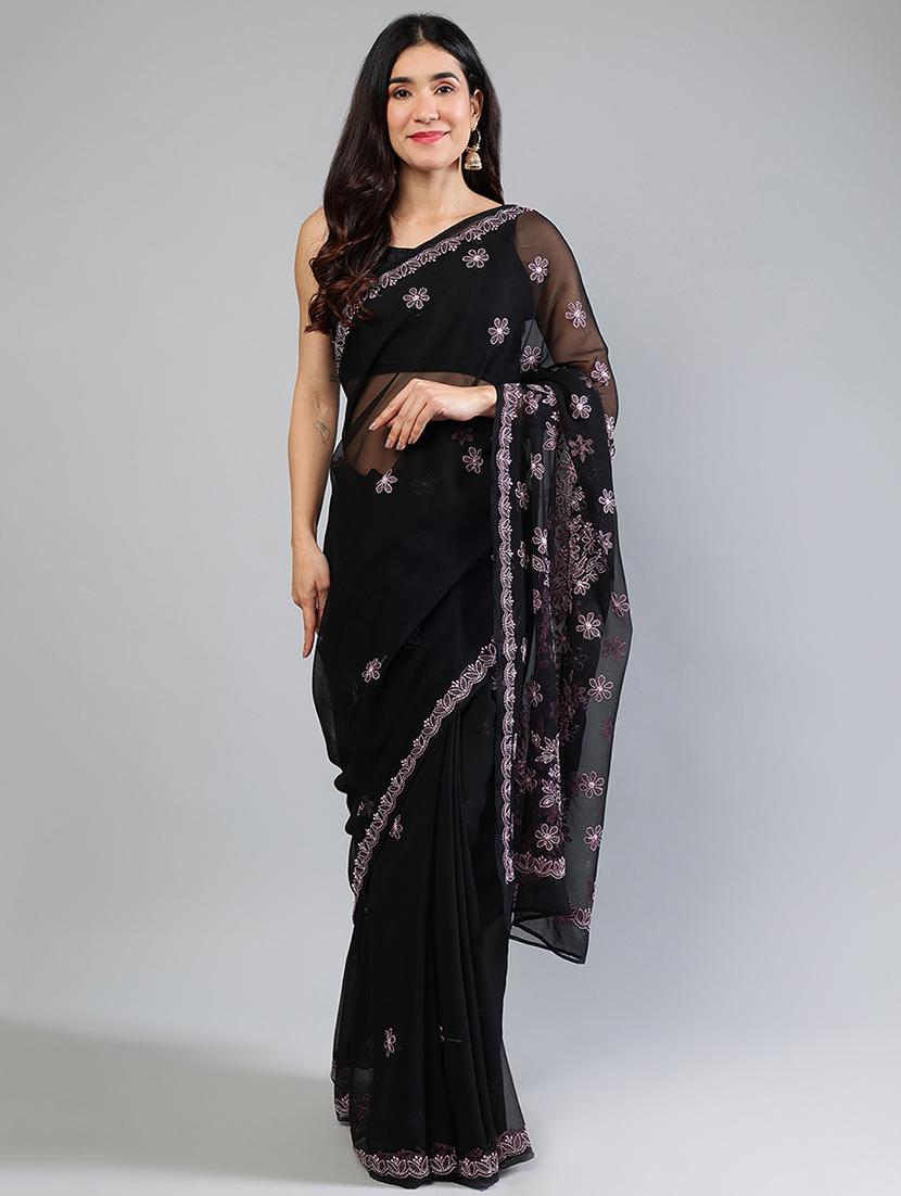 women black chikankari work saree with blouse - 21840116 -  Standard Image - 1