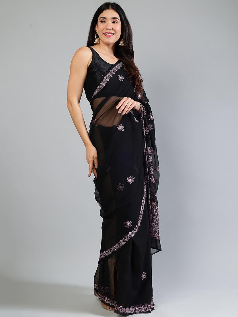 women black chikankari work saree with blouse - 21840116 - Standard Image - 4