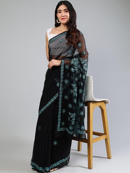 women black chikankari work saree with blouse - 21840117 -  Standard Image - 0