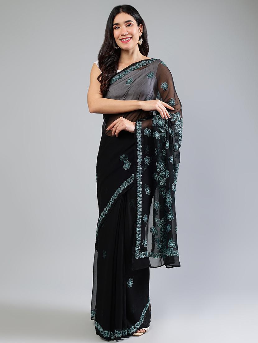 women black chikankari work saree with blouse - 21840117 -  Standard Image - 1
