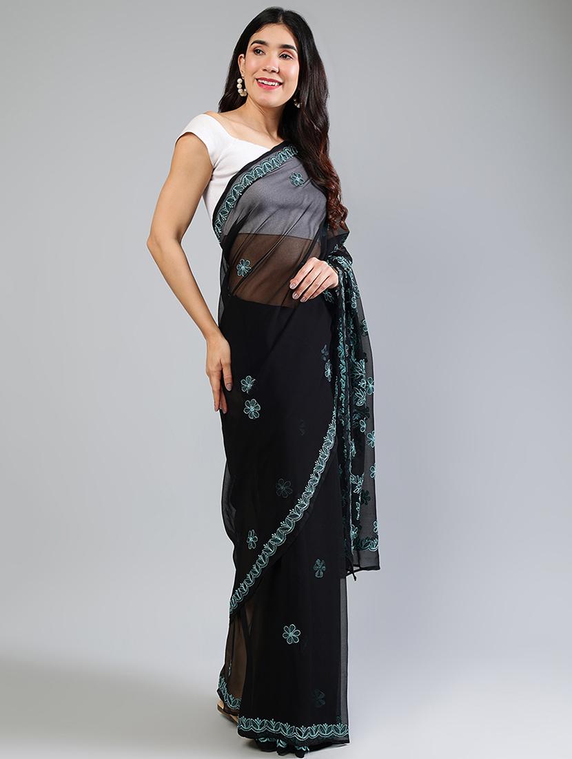 women black chikankari work saree with blouse - 21840117 - Standard Image - 4
