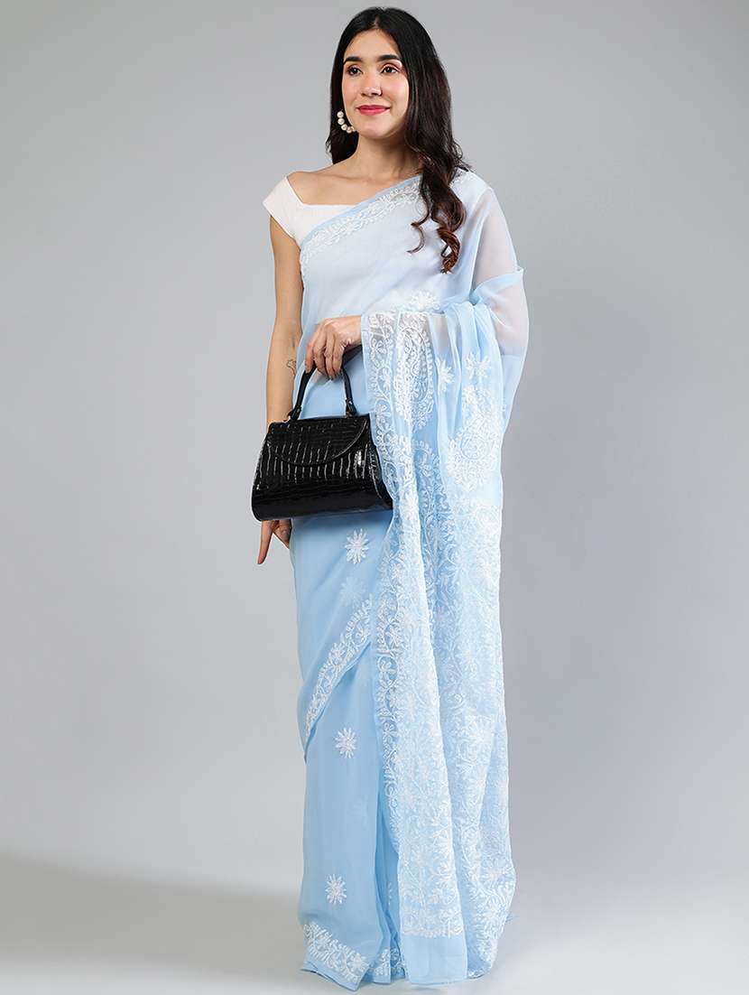 women light blue chikankari work saree with blouse