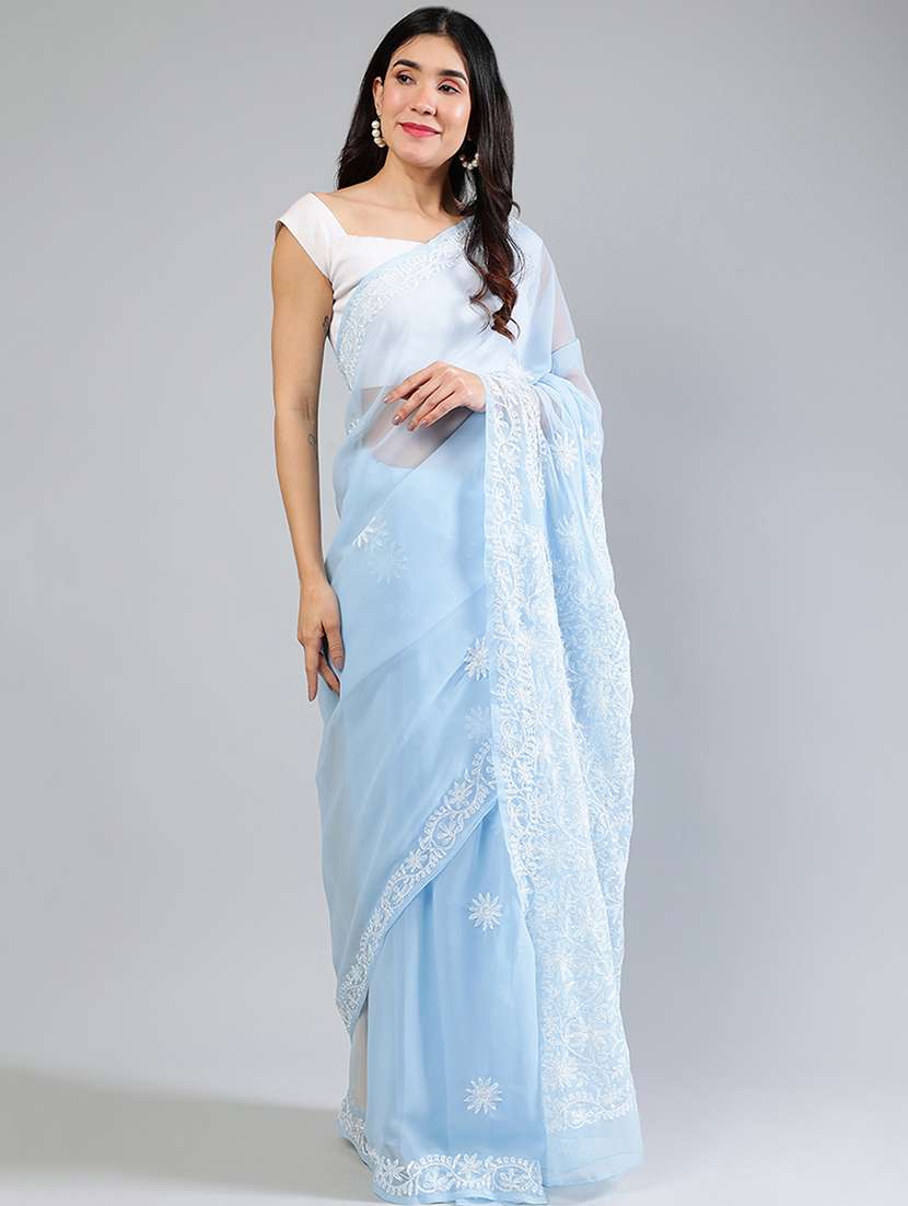 women light blue chikankari work saree with blouse - 21840120 - Standard Image - 1