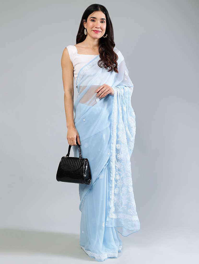 women light blue chikankari work saree with blouse