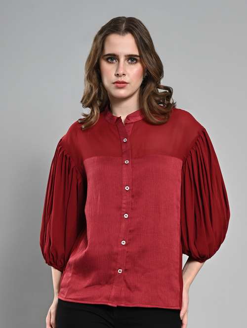 women mandarin neck puff sleeves shirt - 21840172 - Standard Image - 0