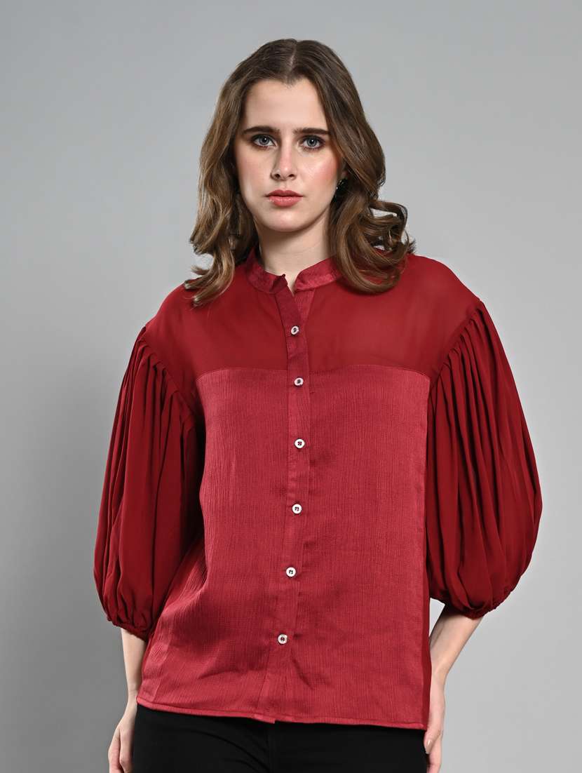 women mandarin neck puff sleeves shirt - 21840172 - Zoom Image - 0