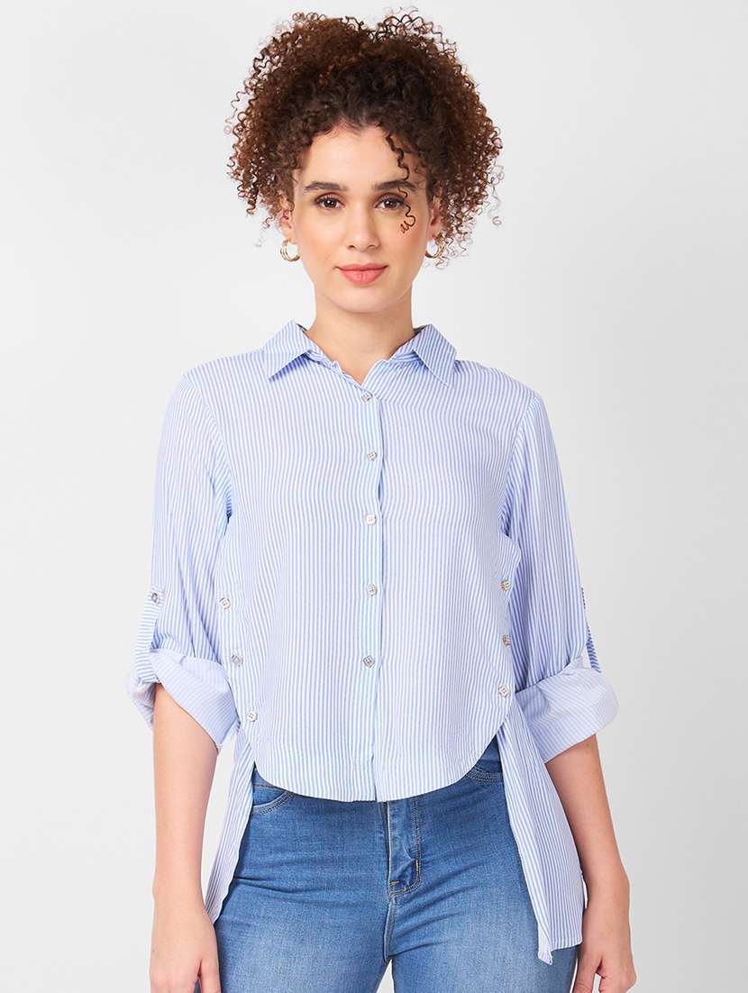 women striped roll-up sleeves high low shirt