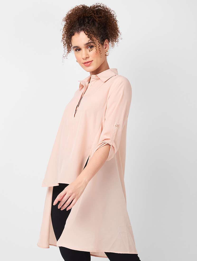 women solid roll-up sleeves high low  top - 21840192 -  Standard Image - 1