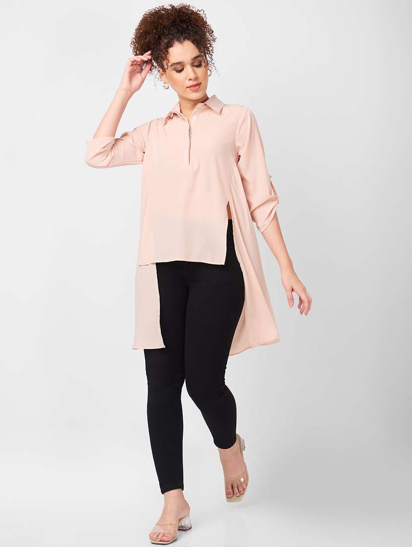 women solid roll-up sleeves high low top - 21840192 - Standard Image - 4