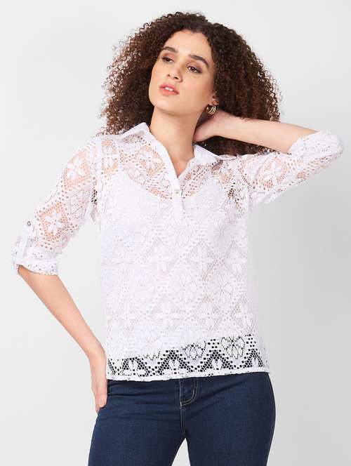 women collared roll-ip sleeves lace top - 21840194 -  Standard Image - 0