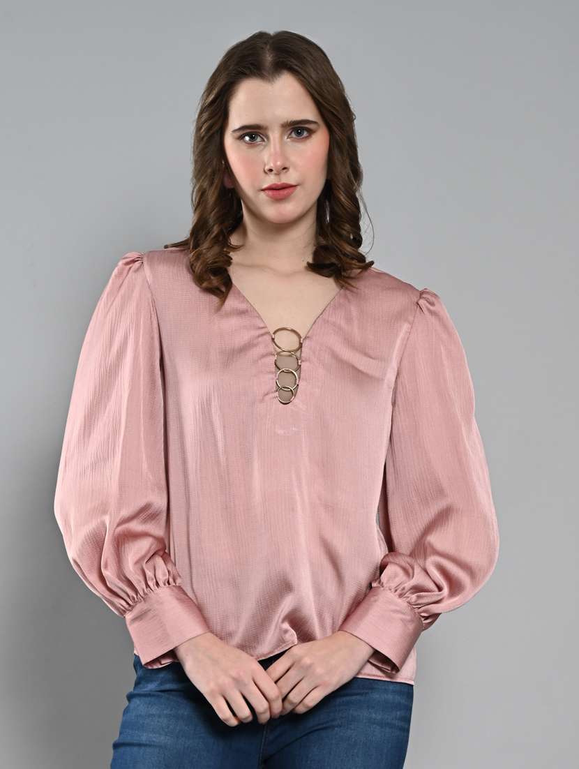 women solid puff sleeves regular top