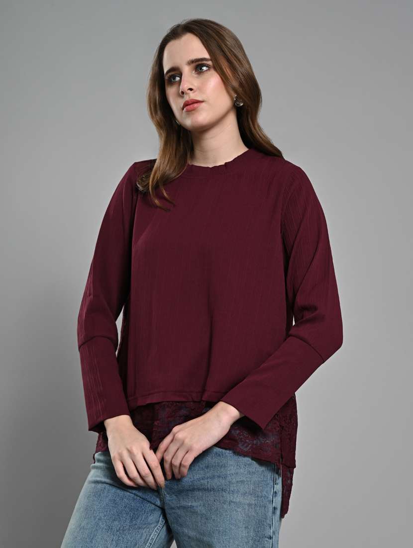 women laec detailed long sleeves high low top - 21840218 -  Standard Image - 1