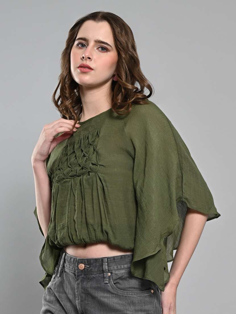 women solid flared sleeves blouson top  - 21840221 -  Standard Image - 1