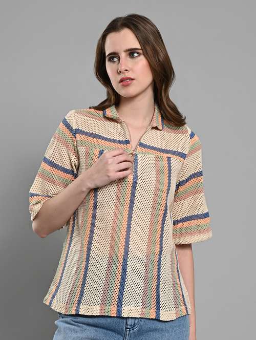 women striped collared short sleeves regular top - 21840223 -  Standard Image - 0