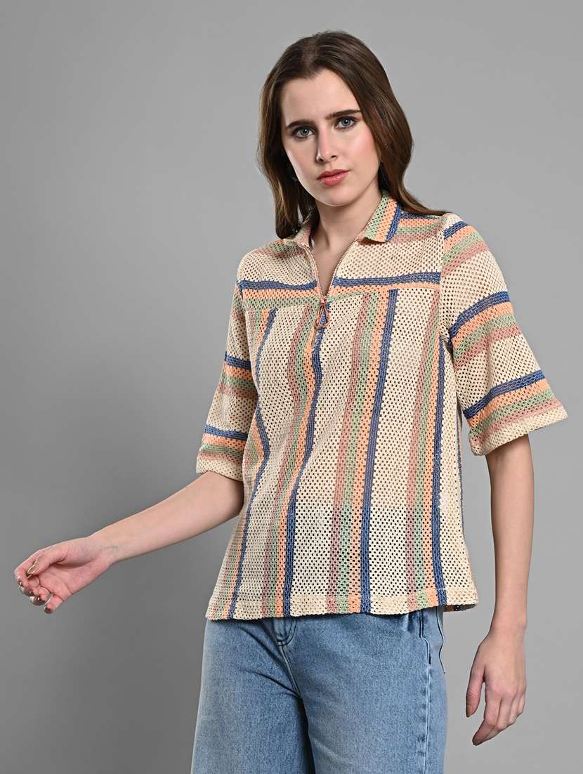 women striped collared short sleeves regular top - 21840223 - Standard Image - 1