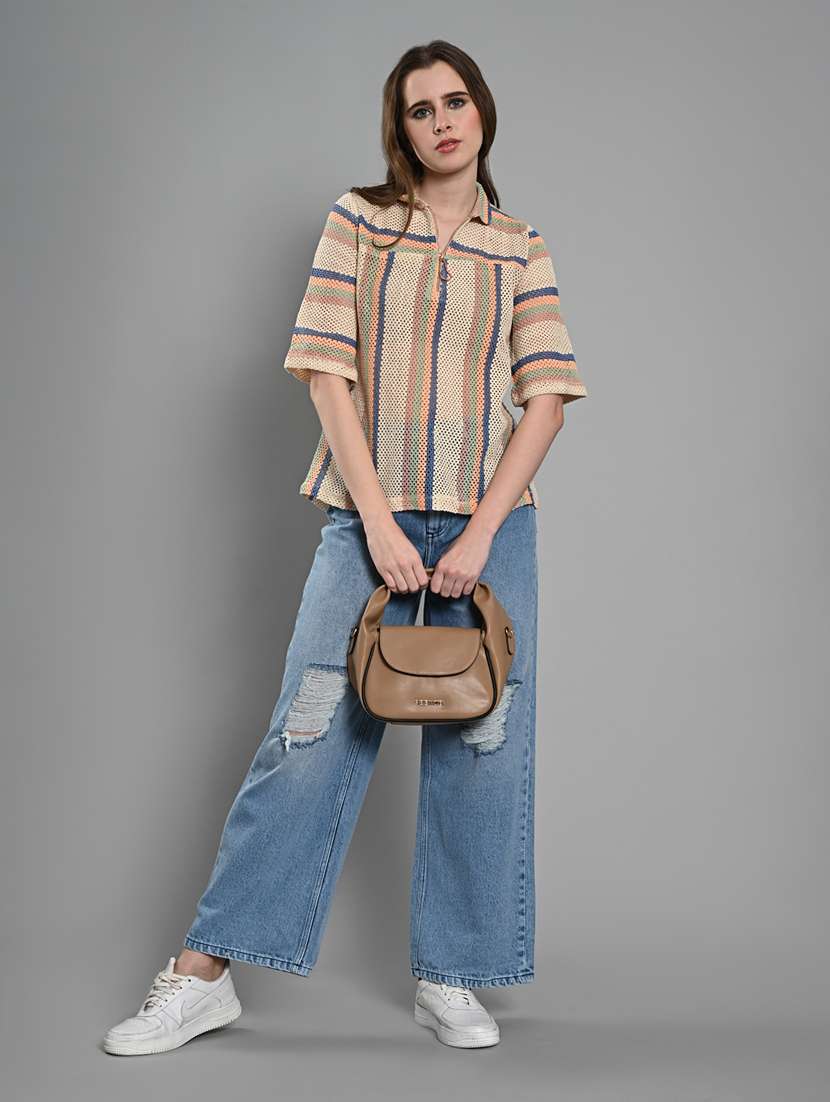 women striped collared short sleeves regular top - 21840223 - Standard Image - 4