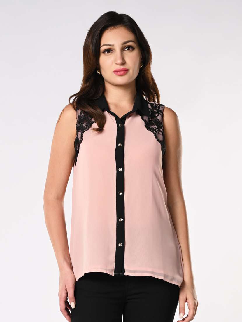 women sleeveless shirt style top with lace