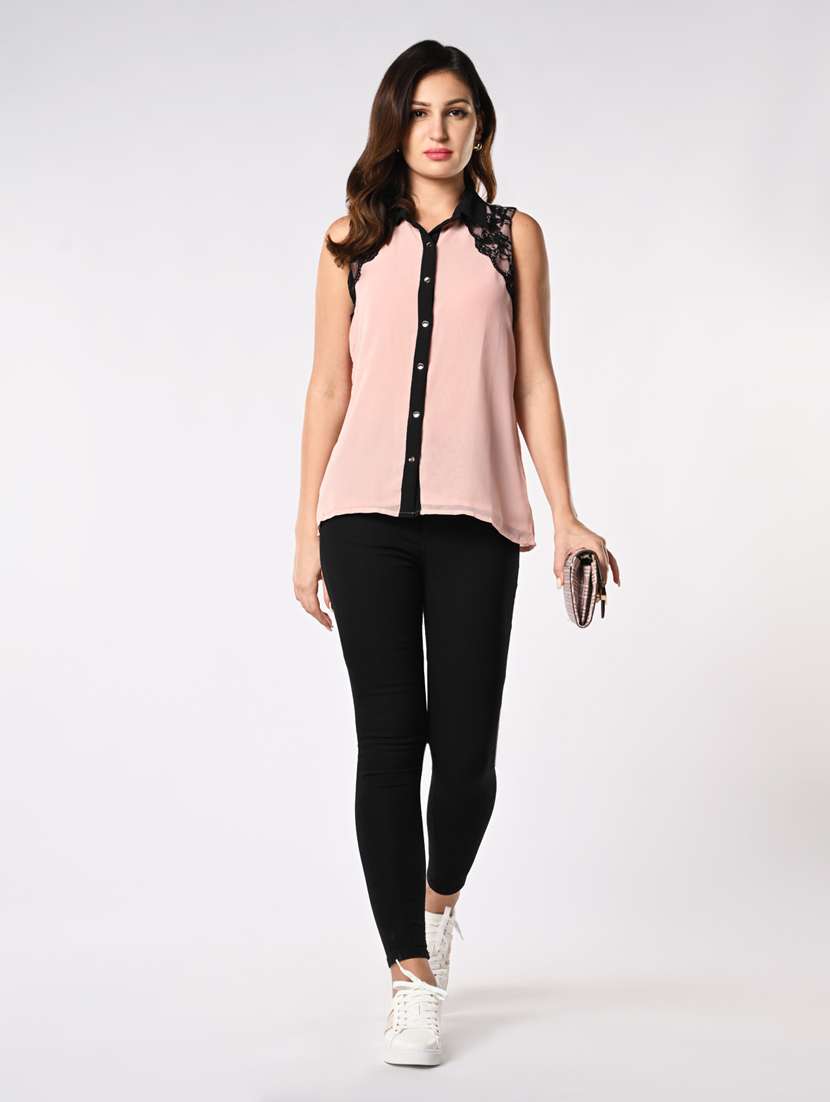 women sleeveless shirt style top with lace - 21840231 -  Standard Image - 4