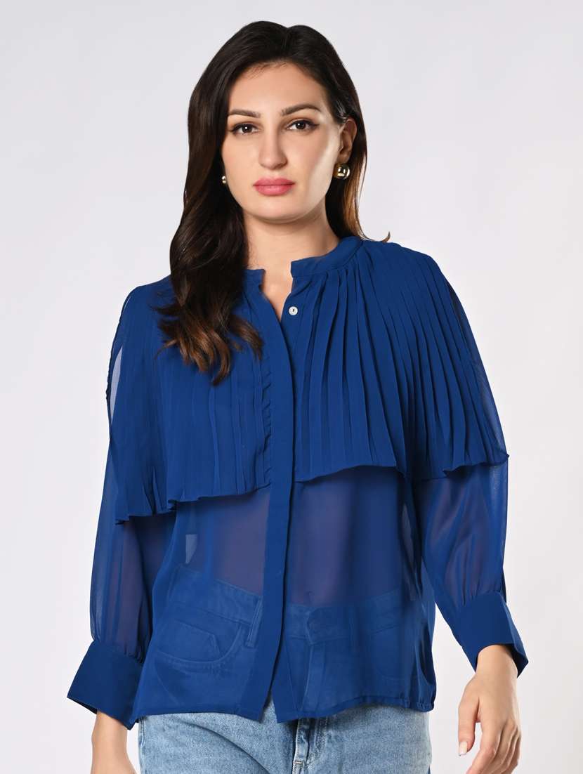 women mandarin collar shirt with pleated layer