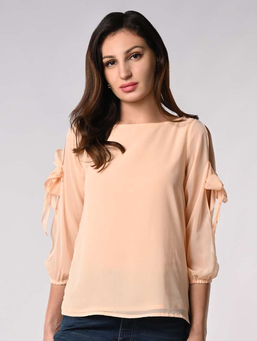 women solid slit sleeves regular top - 21840234 - Standard Image - 1