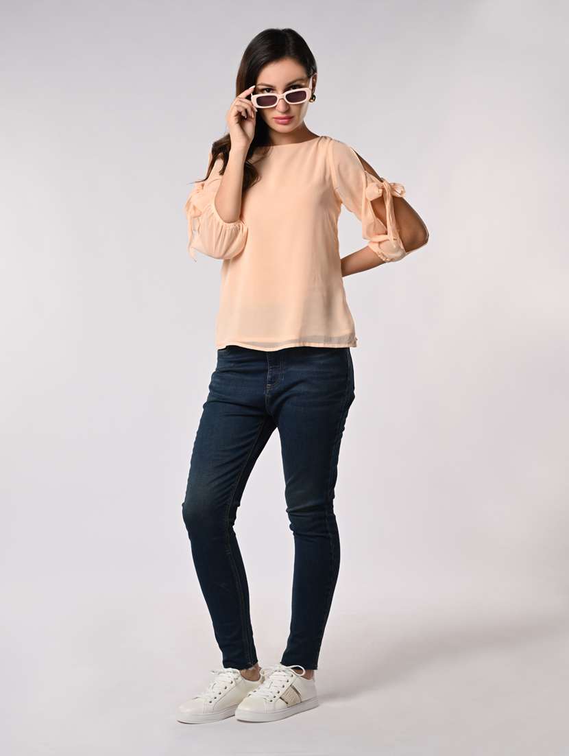 women solid slit sleeves regular top - 21840234 - Standard Image - 4