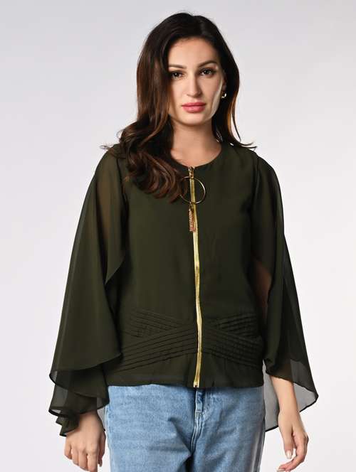 women solid cape sleeves front zipper top - 21840241 -  Standard Image - 0