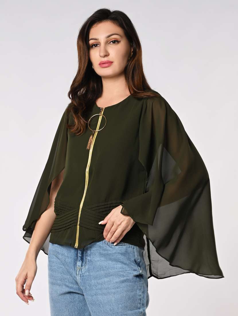 women solid cape sleeves front zipper top - 21840241 -  Standard Image - 1