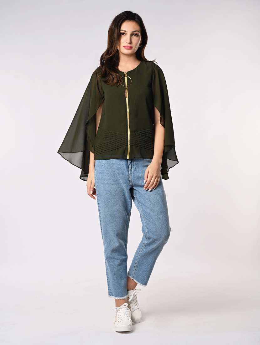 women solid cape sleeves front zipper top - 21840241 -  Standard Image - 4
