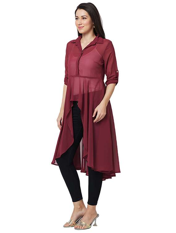 women solid collared roll up sleeves high-low top - 21840250 -  Standard Image - 1